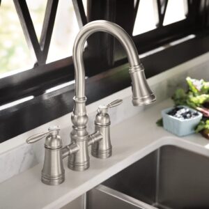 Moen S73204SRS Weymouth Two Handle Pulldown Bridge Kitchen Faucet, Spot Resist Stainless