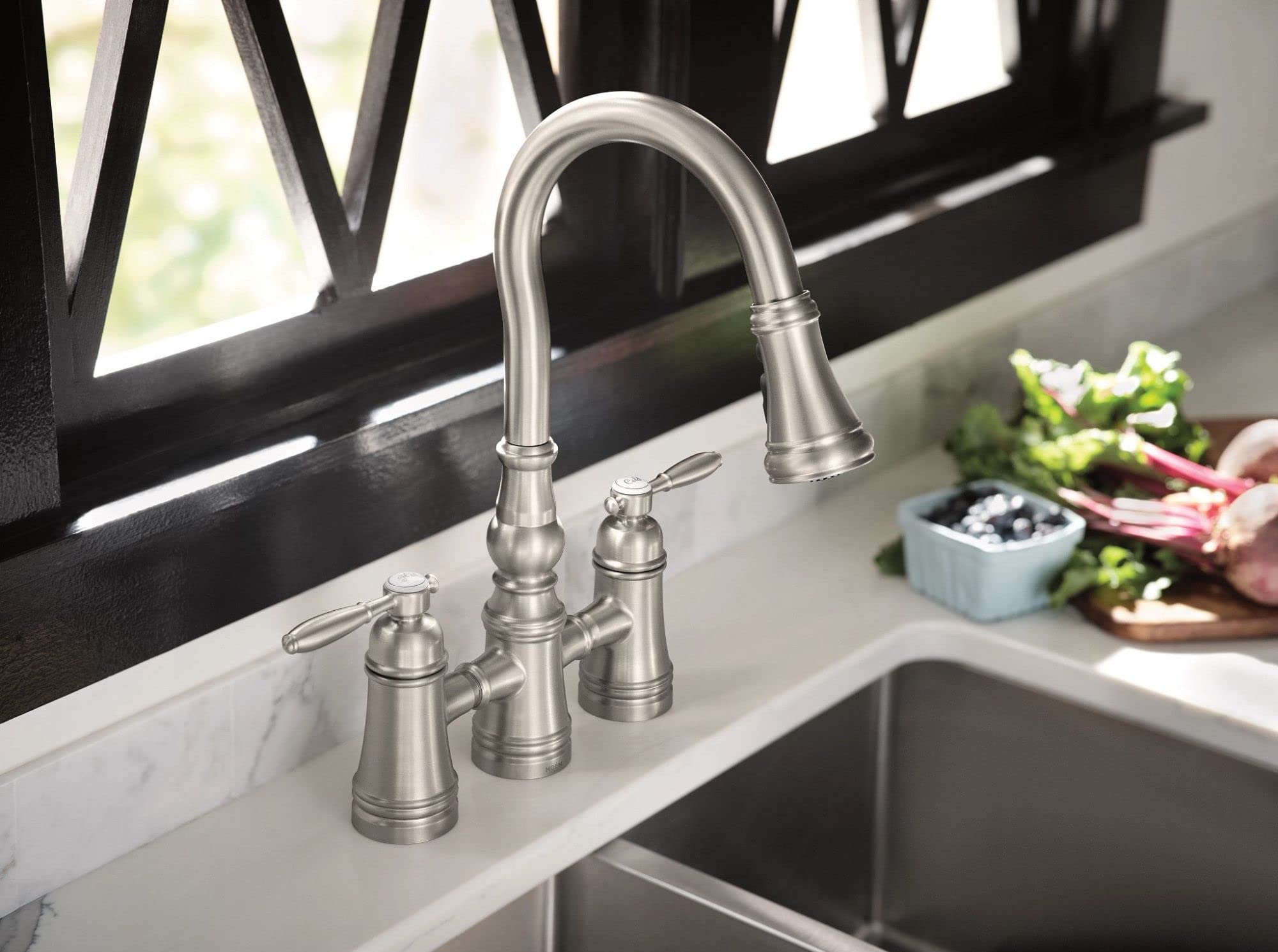 Moen S73204SRS Weymouth Two Handle Pulldown Bridge Kitchen Faucet, Spot Resist Stainless