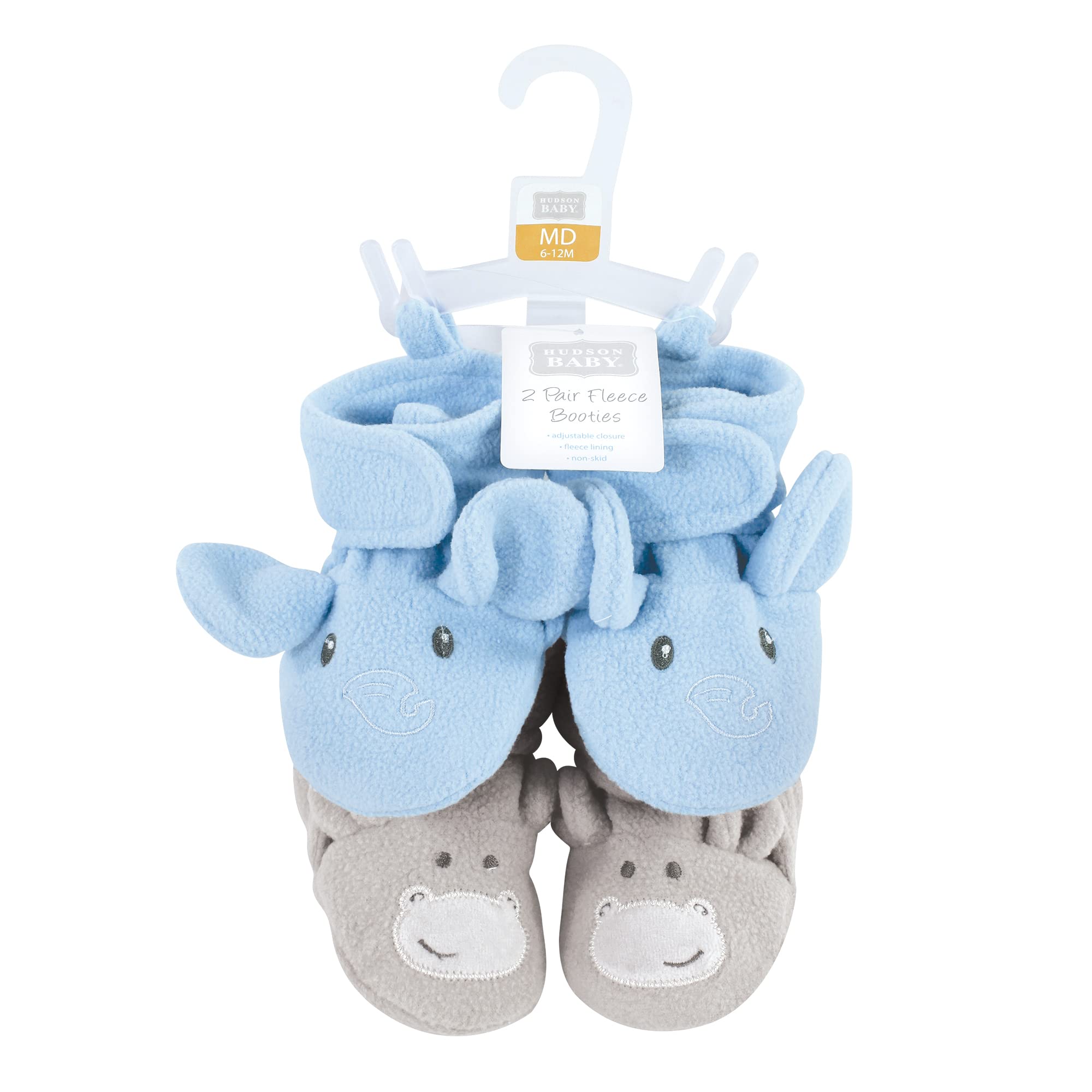 Hudson Baby Unisex-Baby Animal Fleece Booties 2-Pack Socks, Blue Elephant Hippo, 0-6 Months