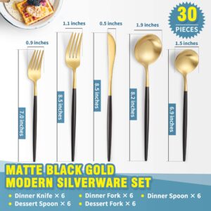 Lemeya Matte Black Gold Silverware Set,Modern Stainless Steel Flatware Set,30 Pieces Cutlery Set Service for 6,Tableware Utensil Set for Home and Restaurant, Satin Finish, Dishwasher Safe