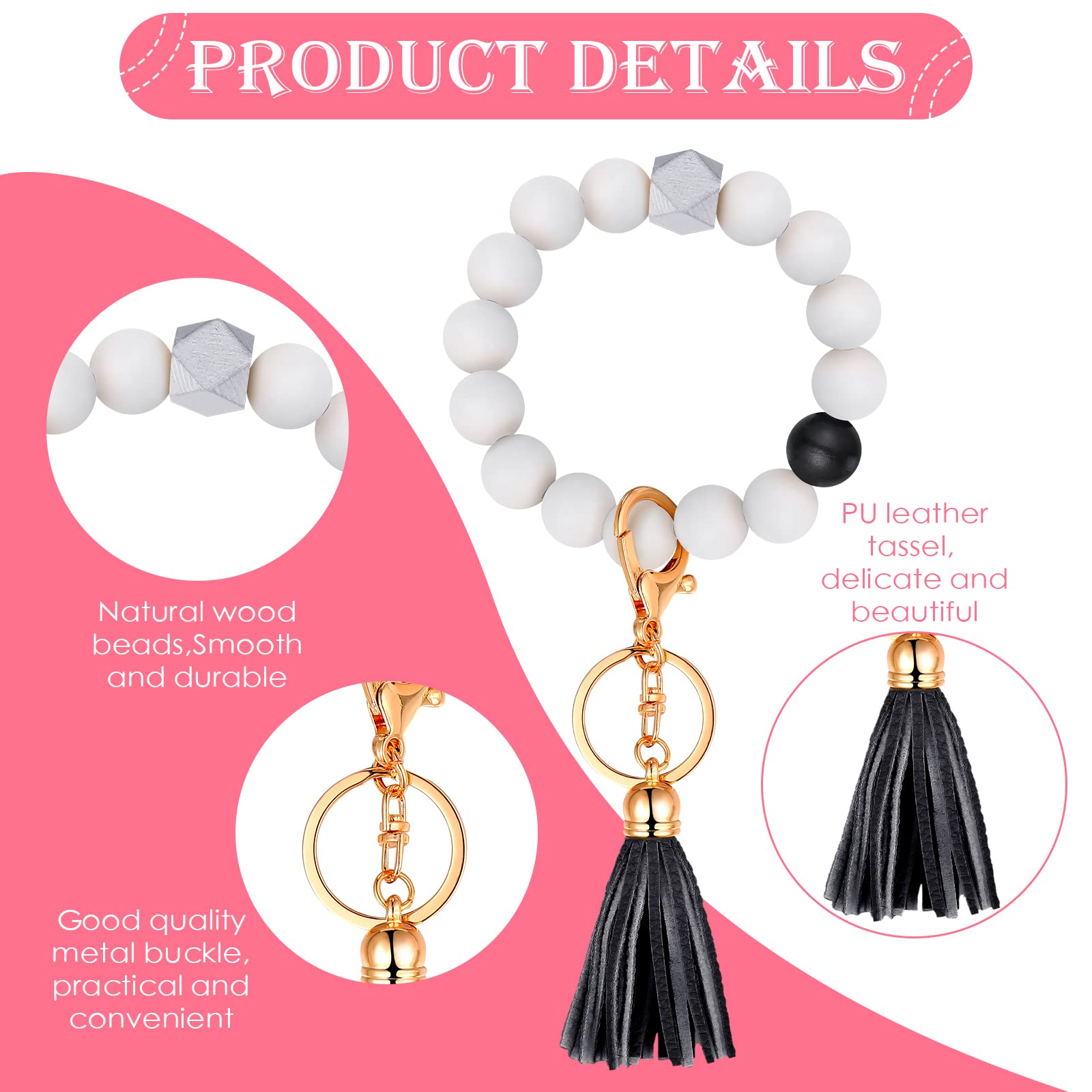 Hicarer 3 Pieces Silicone Key Ring Bracelet Elastic Beaded Keychain Wristlet with Faux Leather Tassel Car Key Ring Holder (Black, White, Navy Blue)