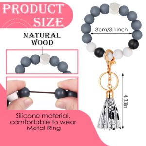 Hicarer 3 Pieces Silicone Key Ring Bracelet Elastic Beaded Keychain Wristlet with Faux Leather Tassel Car Key Ring Holder (Black, White, Navy Blue)