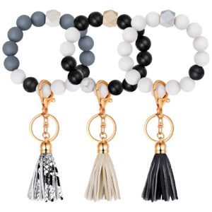 hicarer 3 pieces silicone key ring bracelet elastic beaded keychain wristlet with faux leather tassel car key ring holder (black, white, navy blue)