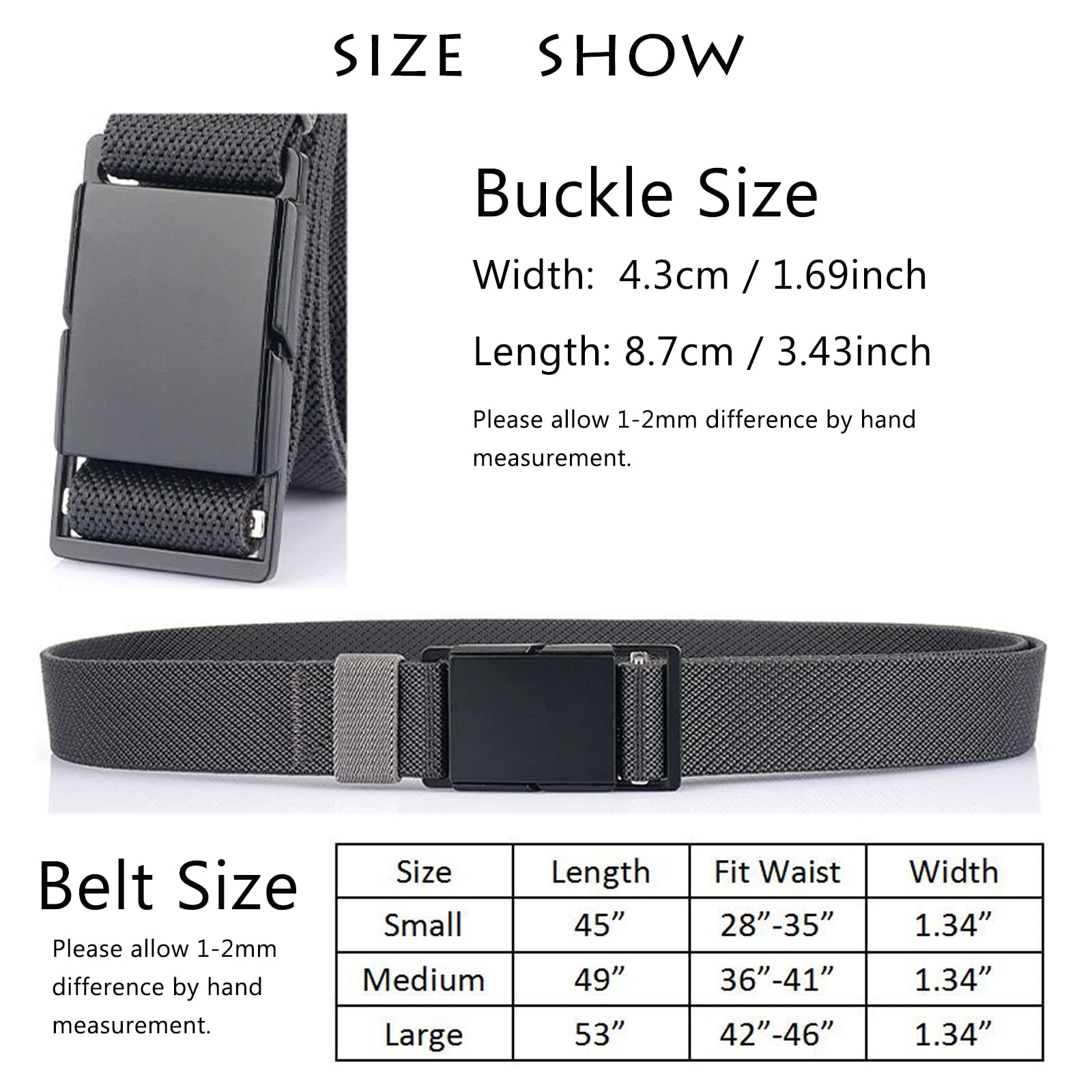 QAZSE Mens Stretch Belt Quick Release Magnetic Buckle Elastic Webbing Sport Work Golf Belts for Men 1.34inch Wide Black 53" Long