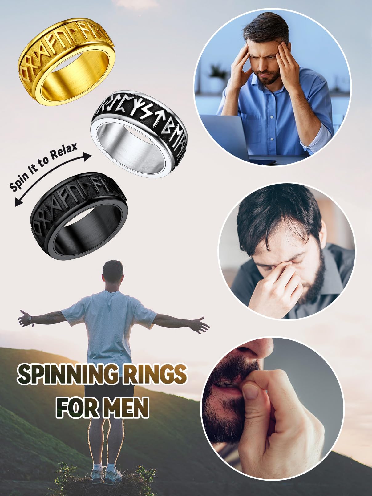 Scandinavia Viking Rune Band Thumb Rings, Black Punk Pinky Ring for Male, Women Spinner Stackable Finger Acccessories