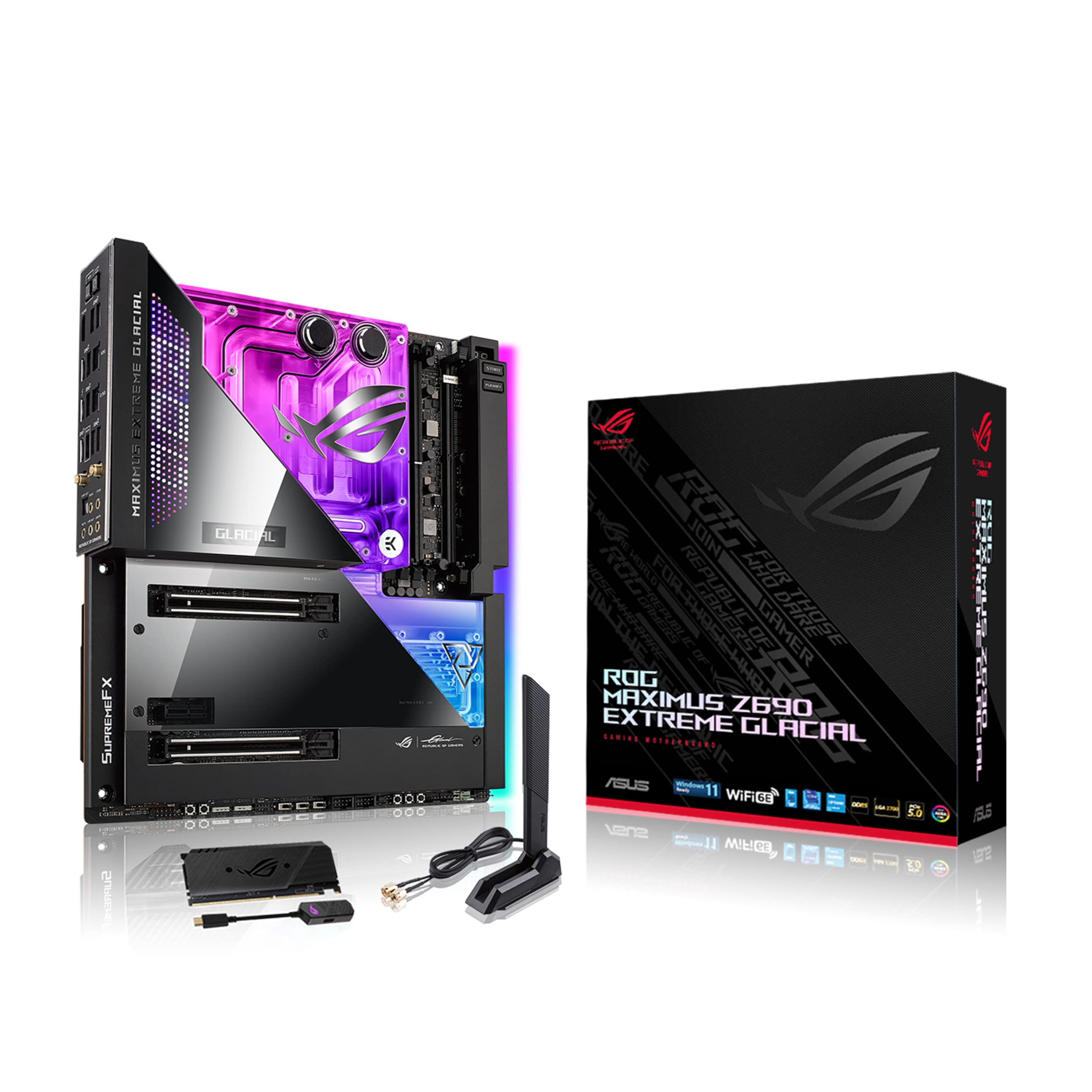 ASUS ROG Maximus Z690 Extreme Glacial(WiFi 6E)LGA 1700(Intel 12th Gen)EATX gaming motherboard(Integrated EK Ultrablock,PCIe5.0,DDR5,24+1 power stages,5x M.2,PCIe 5.0 M.2,10Gb&2.5GbLAN,2xThunderbolt 4)