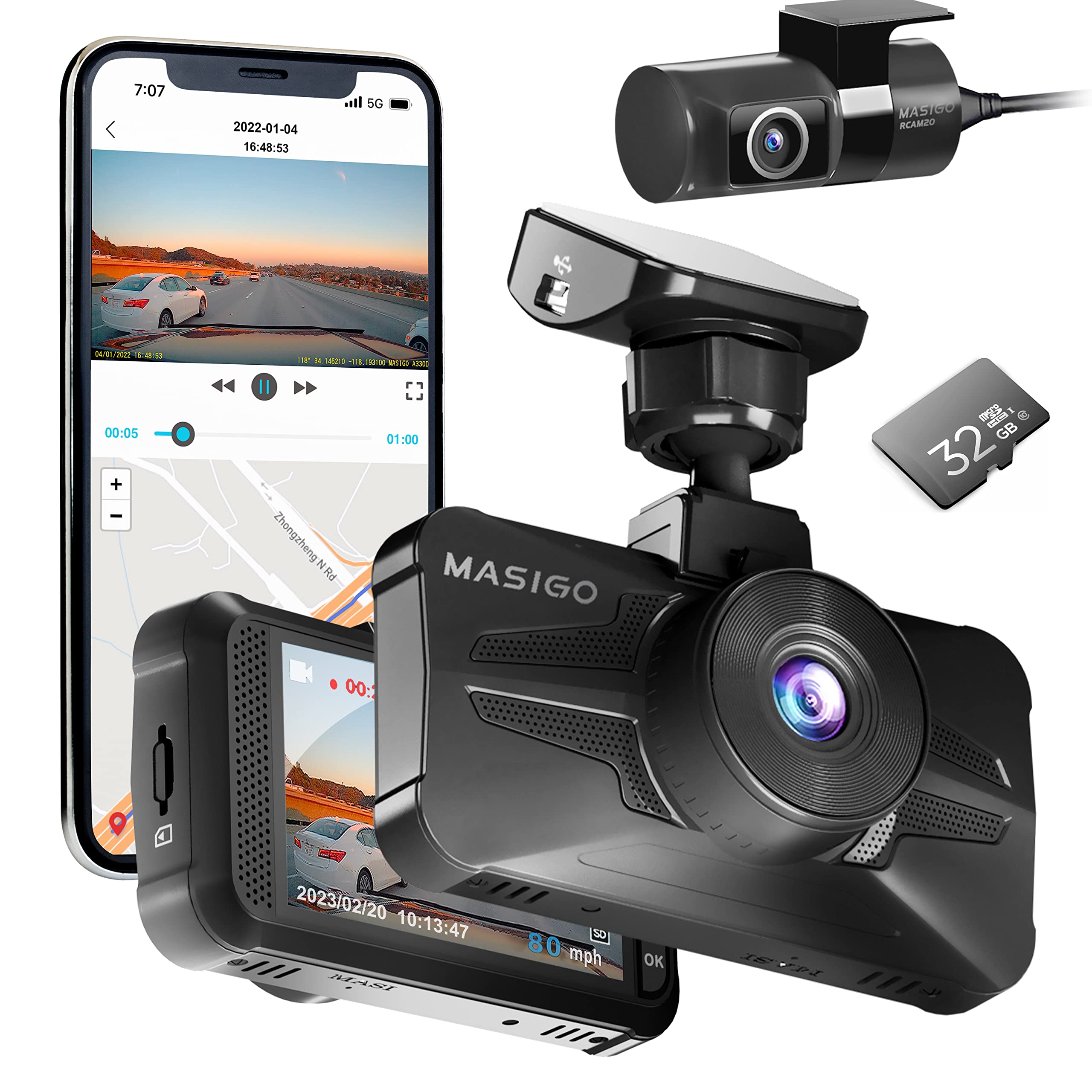 MASIGO A330D Dash Cam Front and Rear - Dual 1080P 60fps Dash Camera for Cars with WiFi, GPS and Speed, Stavis Night Vision, G Sensor Parking Mode, Loop Recording, Free APP, Support 512GB Max