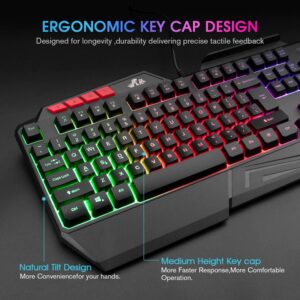 Rii RK202 RGB Gaming Keyboard Multiple Color Rainbow LED Backlit USB Wired Gaming Keyboard,104 Keys Silent Keyboard with Wrist Rest for Windows & Mac PC Gamers (Black)