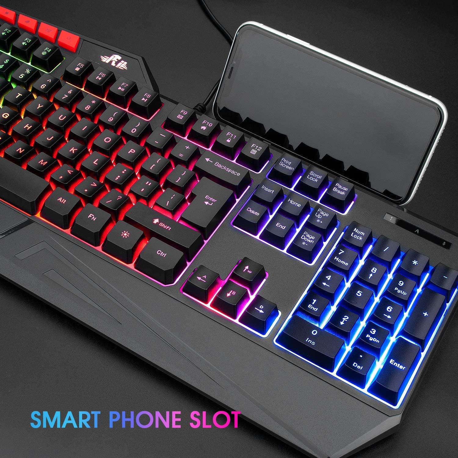 Rii RK202 RGB Gaming Keyboard Multiple Color Rainbow LED Backlit USB Wired Gaming Keyboard,104 Keys Silent Keyboard with Wrist Rest for Windows & Mac PC Gamers (Black)