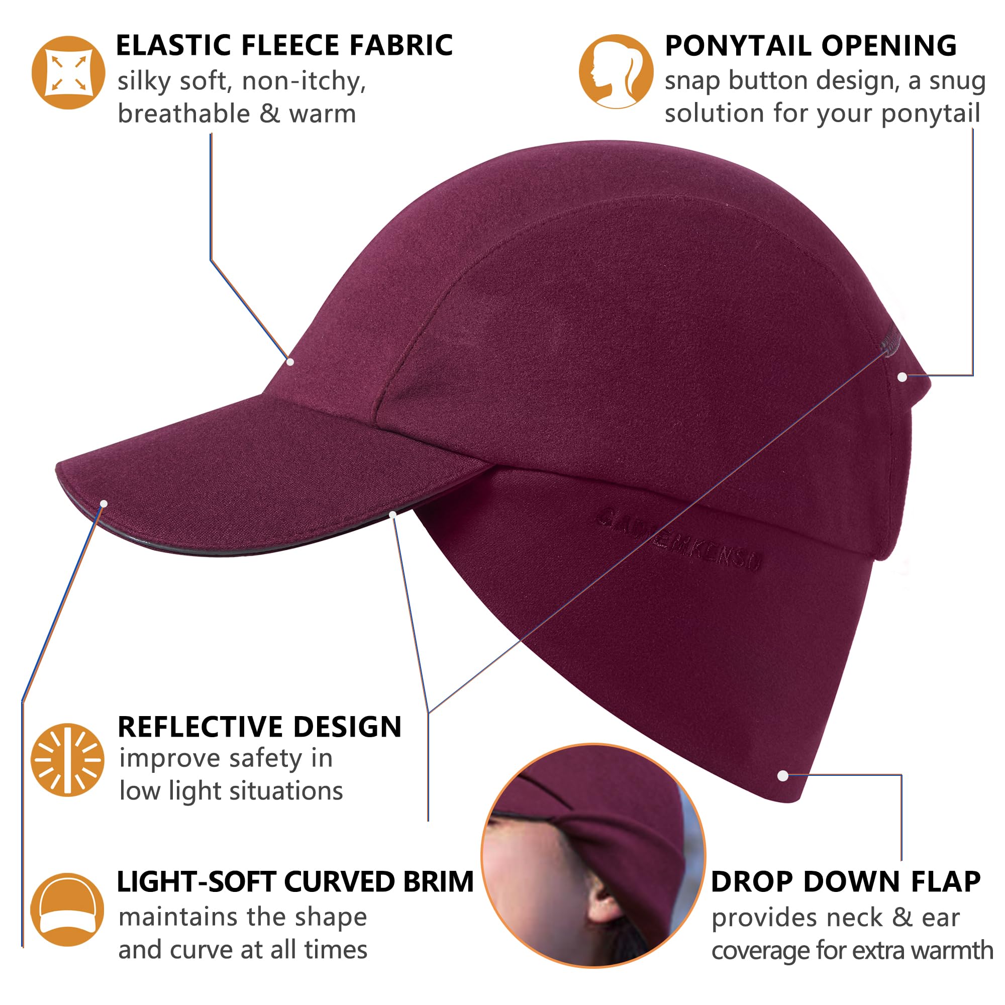 GADIEMKENSD Winter Fleece Hats Reflective Ponytail Hat for Women Baseball Caps with Earflap Drop Down Ear Warmer Mens Skull Cap Beanie with Visor Cold Hat for Outdoor Hiking Running Snow Ski Wine Red