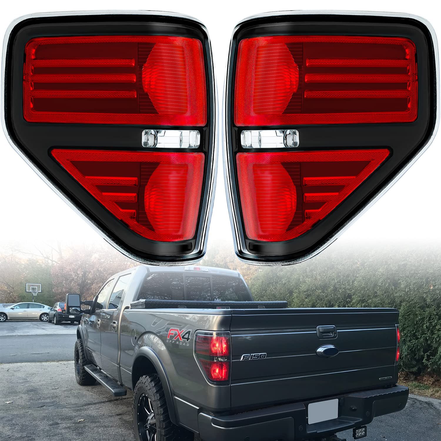 GORWARE Tail Light Assembly Pair of LH & RH Taillight Compatible with 2009-2014 Ford F-150 Pickup Truck Tail Light Rear Brake Lamp Left & Right Side W/Black Trim Red Lens Housing