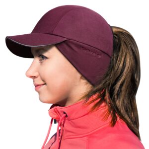 GADIEMKENSD Winter Fleece Hats Reflective Ponytail Hat for Women Baseball Caps with Earflap Drop Down Ear Warmer Mens Skull Cap Beanie with Visor Cold Hat for Outdoor Hiking Running Snow Ski Wine Red