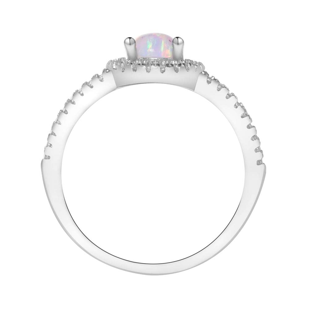 YDD 14K White Gold Opal Rings for women 1 Carat(1 CT) Halo Oval Cut Opal Engagement Rings for Women Opal Birthstone Anniversary Ring Free Engraved Size 7.5