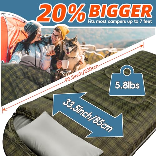 MEREZA Sleeping Bag for Adults Mens Kids with Pillow, Cold Weather XL Sleeping Bag with Compression Sack for All Season Camping Hiking Backpacking (Single -Plaid)