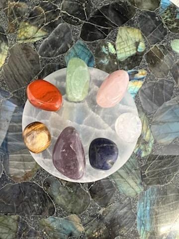 CrystalsAhoy 3" Selenite Charging Plate with TWO Chakra Sets included, polished round and double pointed chakra crystals