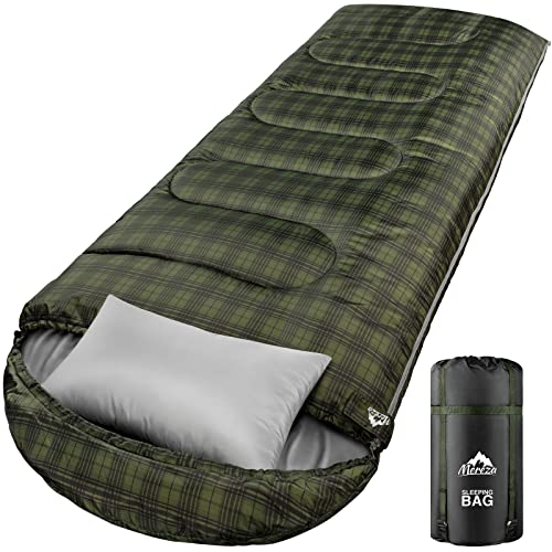 MEREZA Sleeping Bag for Adults Mens Kids with Pillow, Cold Weather XL Sleeping Bag with Compression Sack for All Season Camping Hiking Backpacking (Single -Plaid)