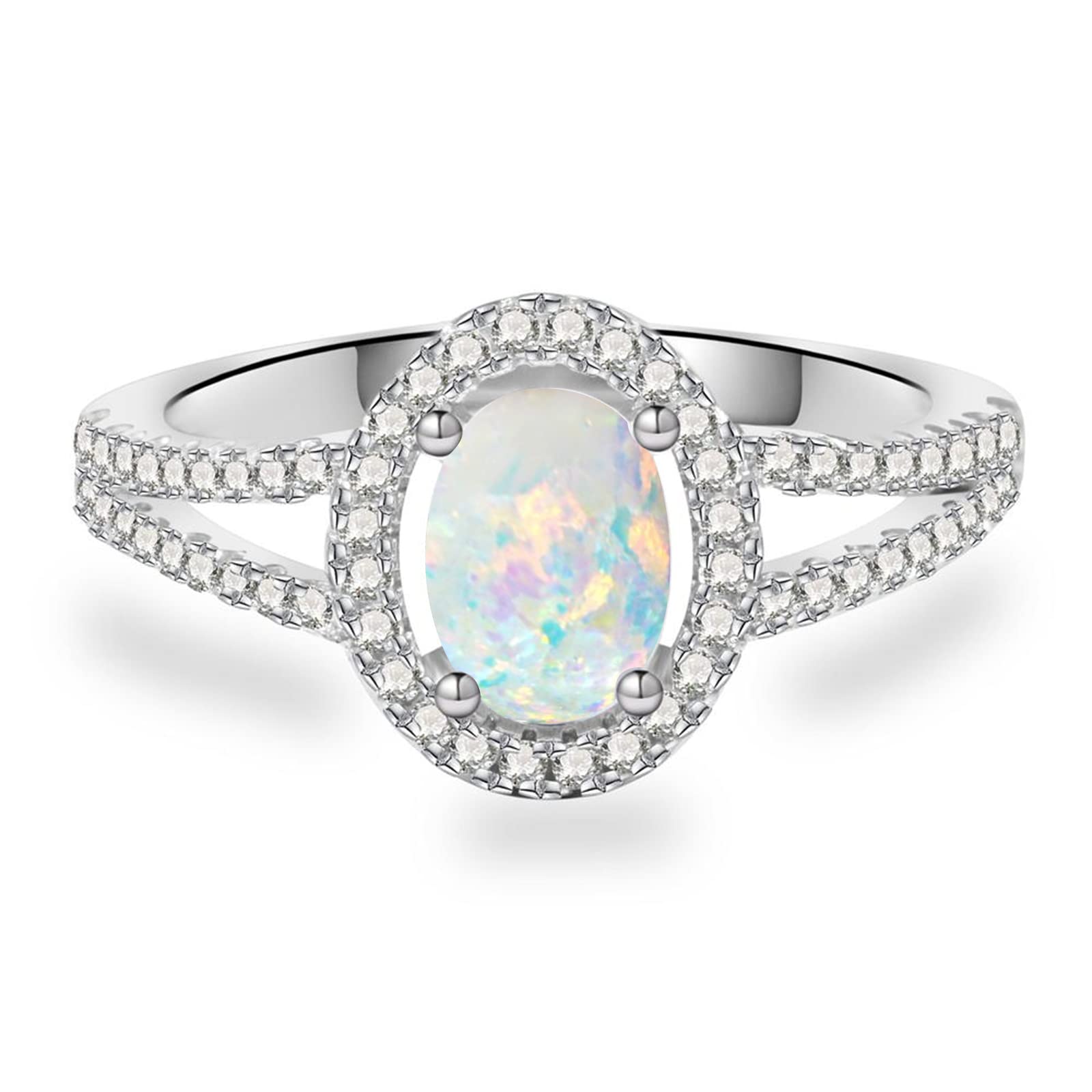 YDD 14K White Gold Opal Rings for women 1 Carat(1 CT) Halo Oval Cut Opal Engagement Rings for Women Opal Birthstone Anniversary Ring Free Engraved Size 7.5