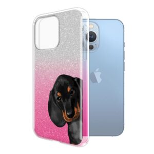 FINCIBO Shiny Sparkling Silver Pink Gradient 2 Tone Glitter TPU Protector Case Cover Compatible with Apple iPhone 13 Pro 6.1 inch 2021 - Dachshund Puppy Dog Hide and Seek