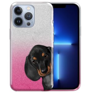 fincibo shiny sparkling silver pink gradient 2 tone glitter tpu protector case cover compatible with apple iphone 13 pro 6.1 inch 2021 - dachshund puppy dog hide and seek