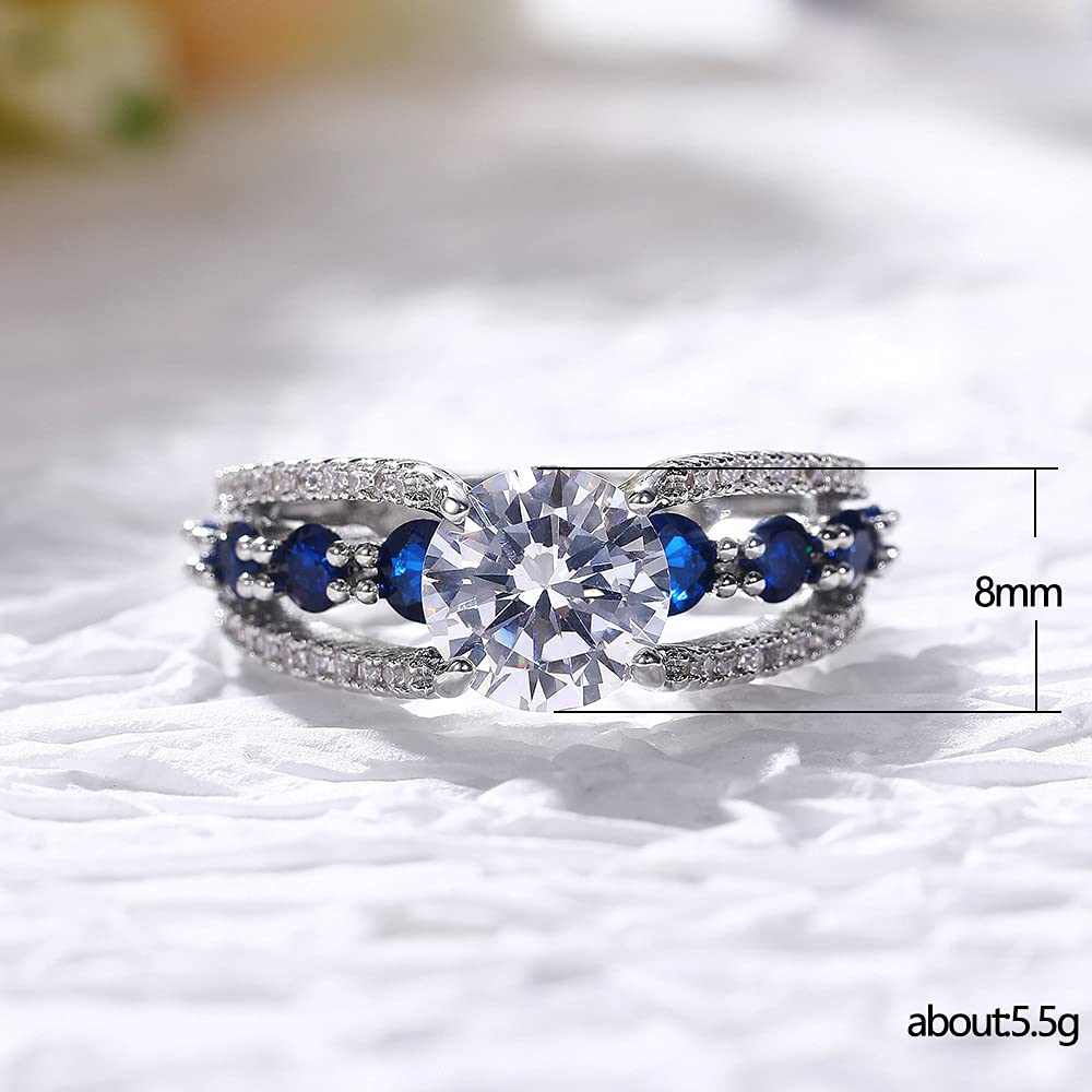 hsiyyecg Blue & White Circular Cut CZ Crystal Halo Statement Rings Women Fashion Silver Plated Engagement Wedding Jewelry (US Size 7)