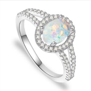 YDD 14K White Gold Opal Rings for women 1 Carat(1 CT) Halo Oval Cut Opal Engagement Rings for Women Opal Birthstone Anniversary Ring Free Engraved Size 7.5