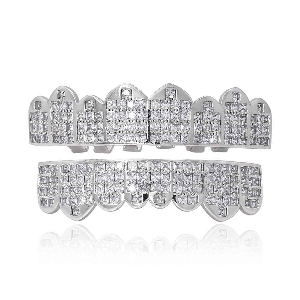 Psivika Diamond Grills Gold Plated Shiny Hip Hop Teeth Grillz Caps Iced Out CZ Top and Bottom Vampire Fangs Grillz for Men and Women (Silver)