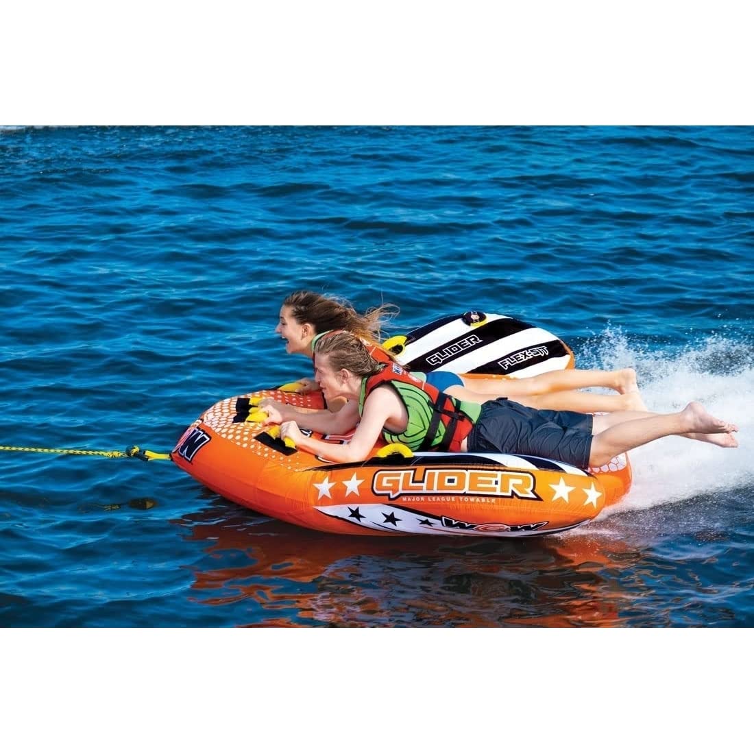 WOW Sports - Glider Inflatable Towable Tube w/ Flex Seating - 1 - 2 Riders - Perfect For Kids & Adults - Soft Top Deck Tube - Boating Accessory