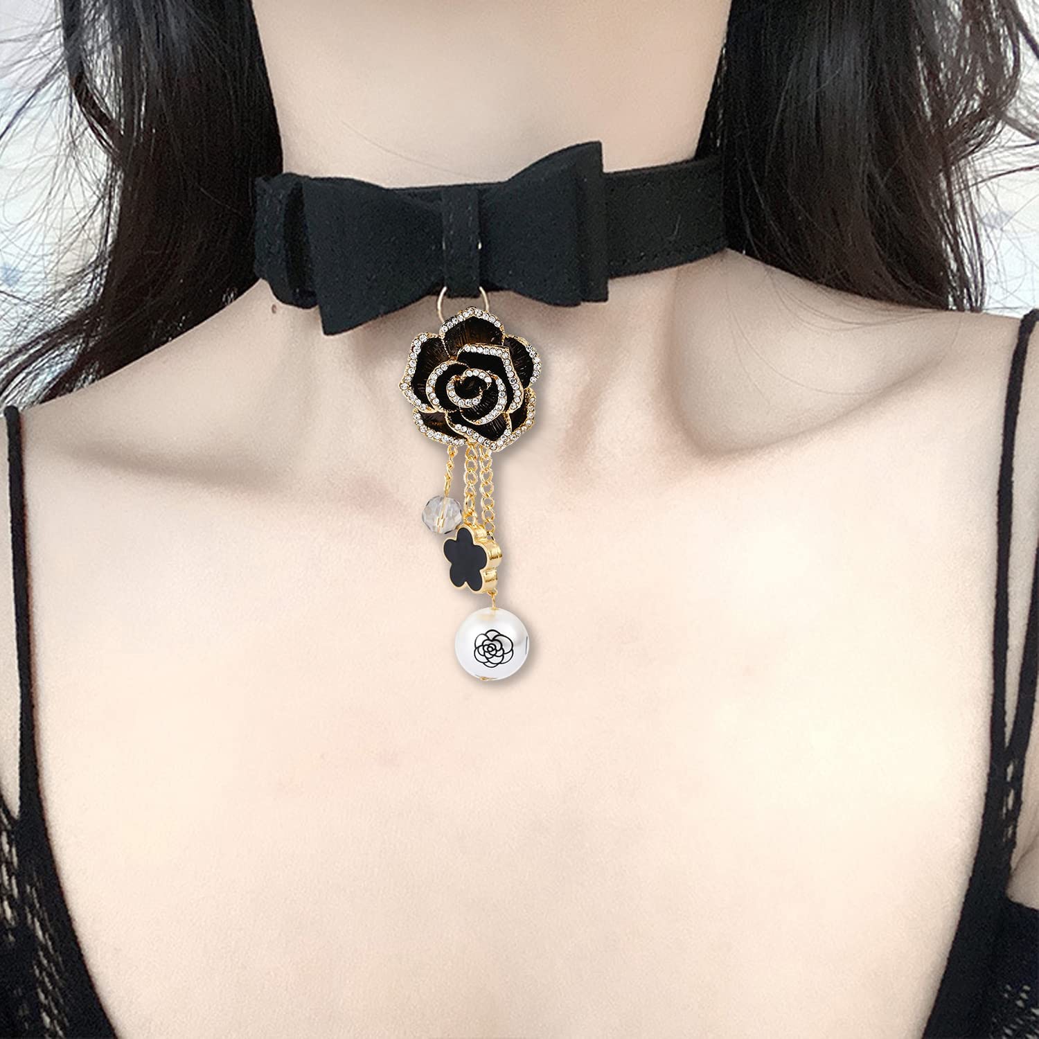 Leather Collar Necklace for Women with Bow Bell Kitty Cat and Delicate Tea flower pearl pendant Choker for Ladies Black Pink Red (A1-Flower, A-Black)