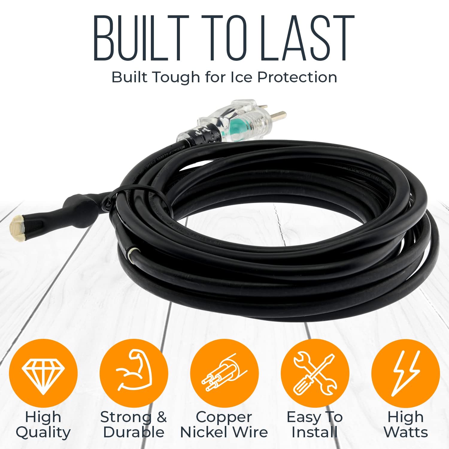 EconoHome Premium Heat Cable for Pipe Freeze Protection - Heating Tape with Built-in Thermostat - Constant Watt Anti-Freeze & UV-Proof Heated Cord - 120 VAC - Copper Nickel Wire Heater