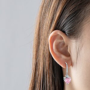 Heart Hoop Earrings for Women Sterling Silver Earring Pink Cubic Zirconia Diamond Dangling Anniversary Birthday Christmas Gifts for Her Hypoallergenic