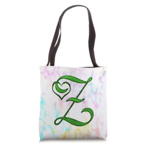 Green Heart Letter Z Vein Rainbow Paint Tie Dye Initial Name Tote Bag