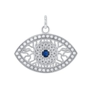 Solid 10k White Gold Genuine Sapphire Evil Eye Statement Pendant