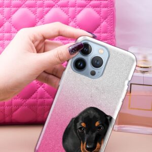 FINCIBO Shiny Sparkling Silver Pink Gradient 2 Tone Glitter TPU Protector Case Cover Compatible with Apple iPhone 13 Pro 6.1 inch 2021 - Dachshund Puppy Dog Hide and Seek