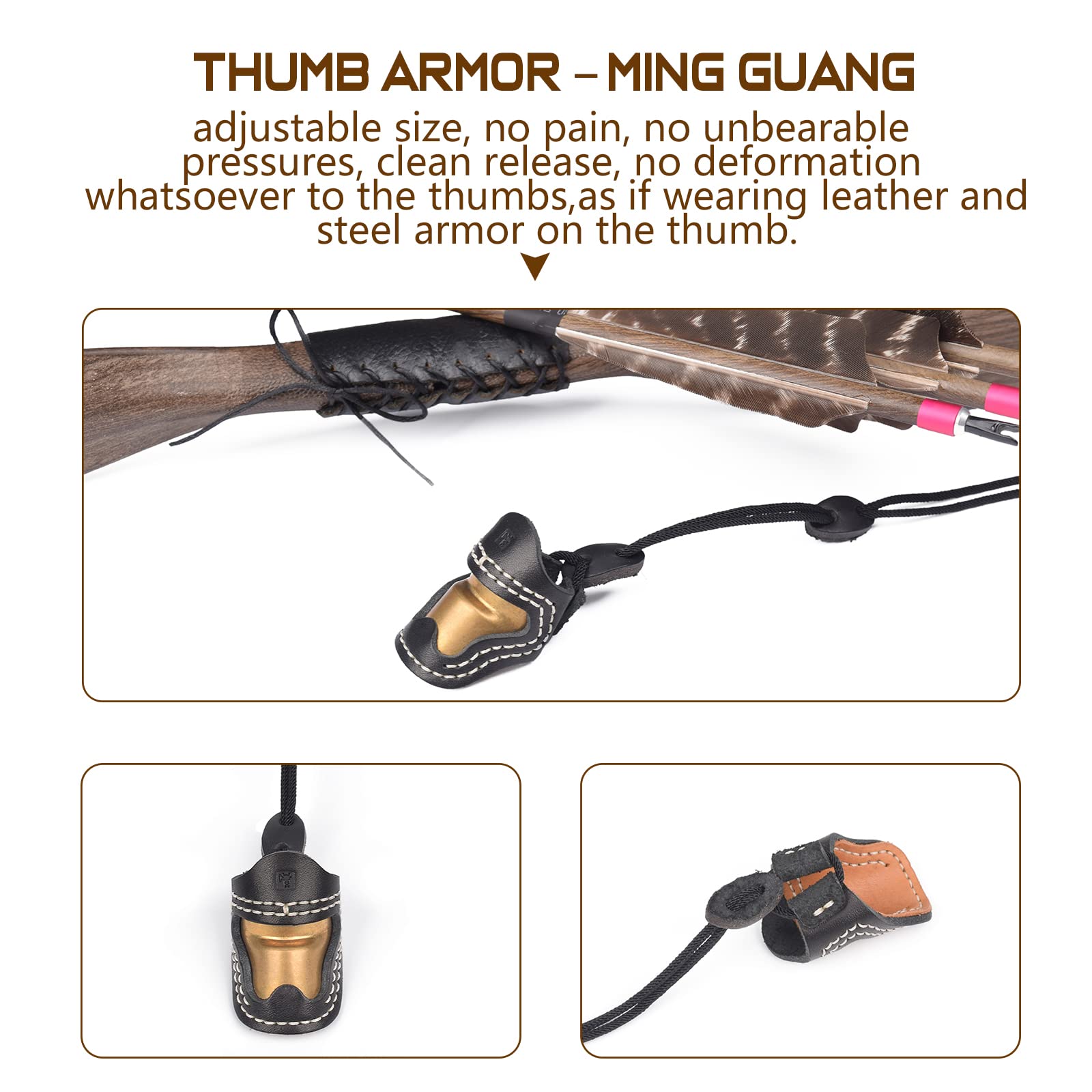 Elong Soft Leather & Brass Thumb Armor Ming Guang Archery Thumb Ring for Traditional Reurve Bow Finger Guard Protector Shooting Glove