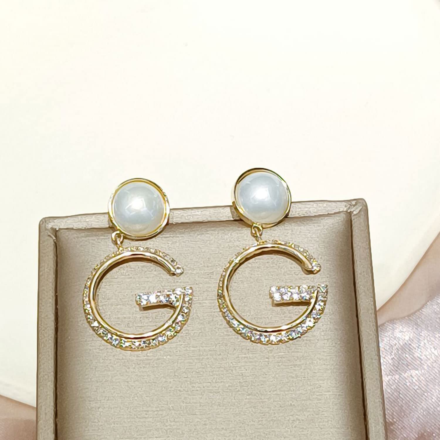 G Initial Stud Earrings Pearl Letter Drop Earrings 14K Gold Plated 925 Sterling Silver Post Cubic Zirconia Earrings for Women Girls