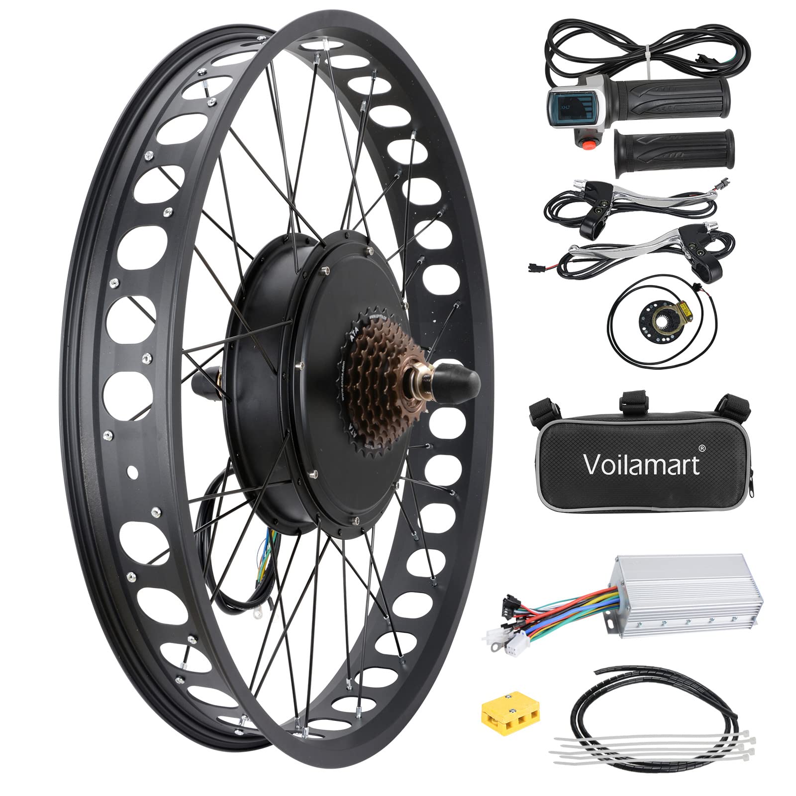 Voilamart 26" Electric Bike Conversion Kit Rear Wheel, with 3.23" Width Rim 48V 1500W E-Bike Hub Motor Kit with Intelligent Controller and PAS System, Restricted to 750W for Road Bike(Without Battery)