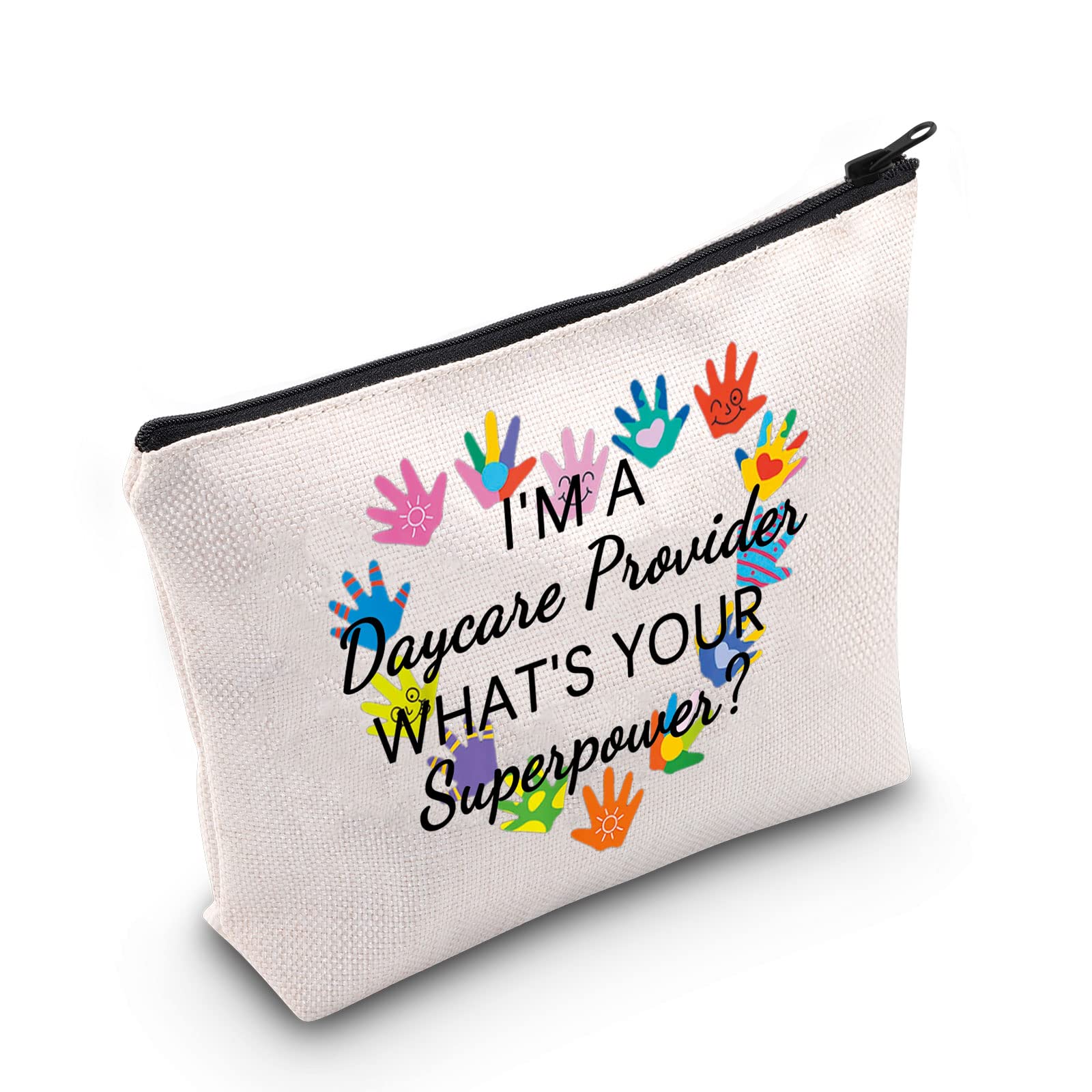 G2TUP Childcare Provider Gift I’m A Daycare Provider What’s Your Superpower Zipper Makeup Bag Childcare Teacher Appreciation Cosmetic Bag Travel Bag (Daycare Provider White Bag)