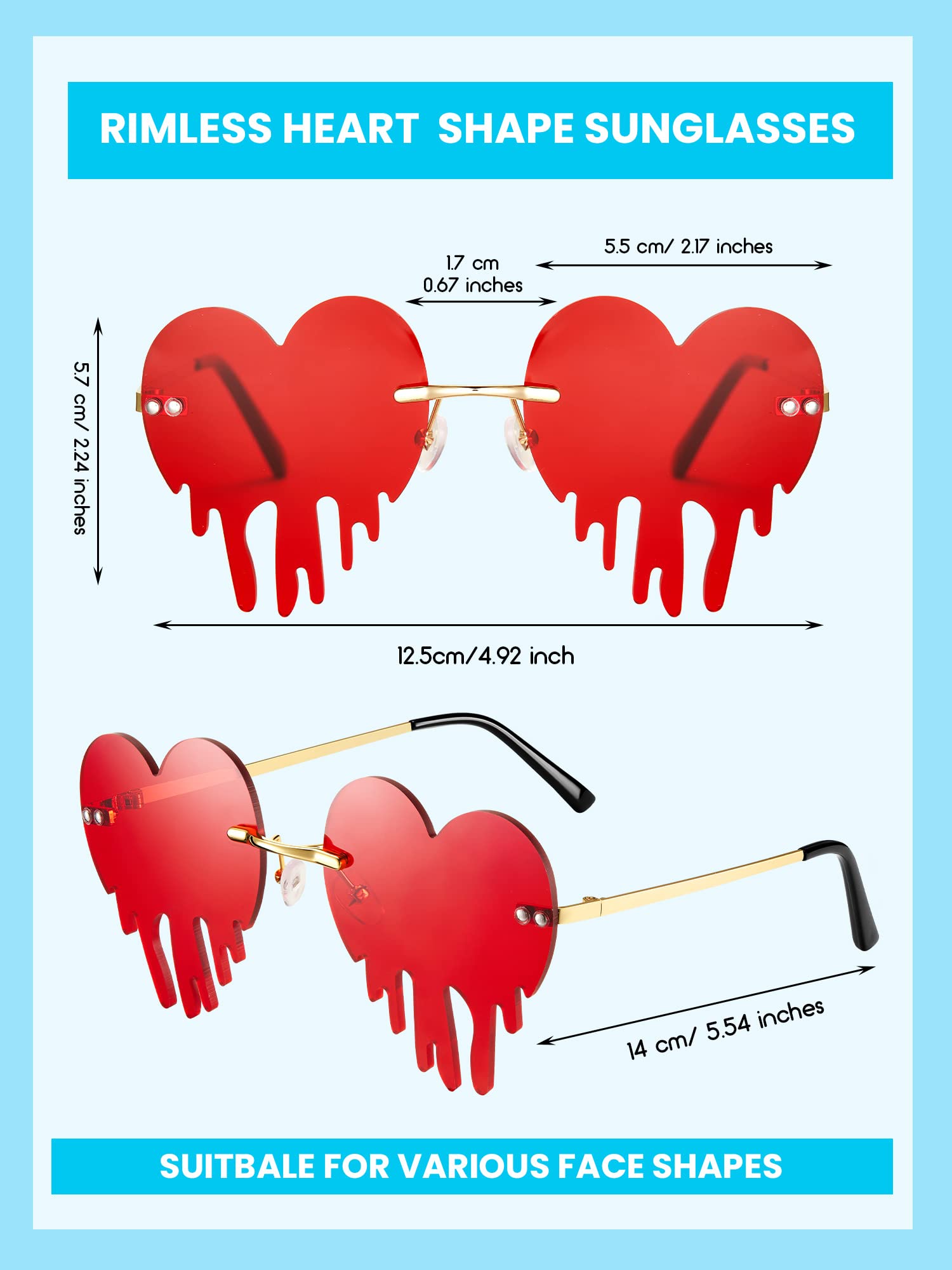 7 Pairs Melting Heart Sunglasses for Men Women Heart Drip Tears Flame Colorful Sunglasses Rimless Wave Eyewear (Fresh Colors)