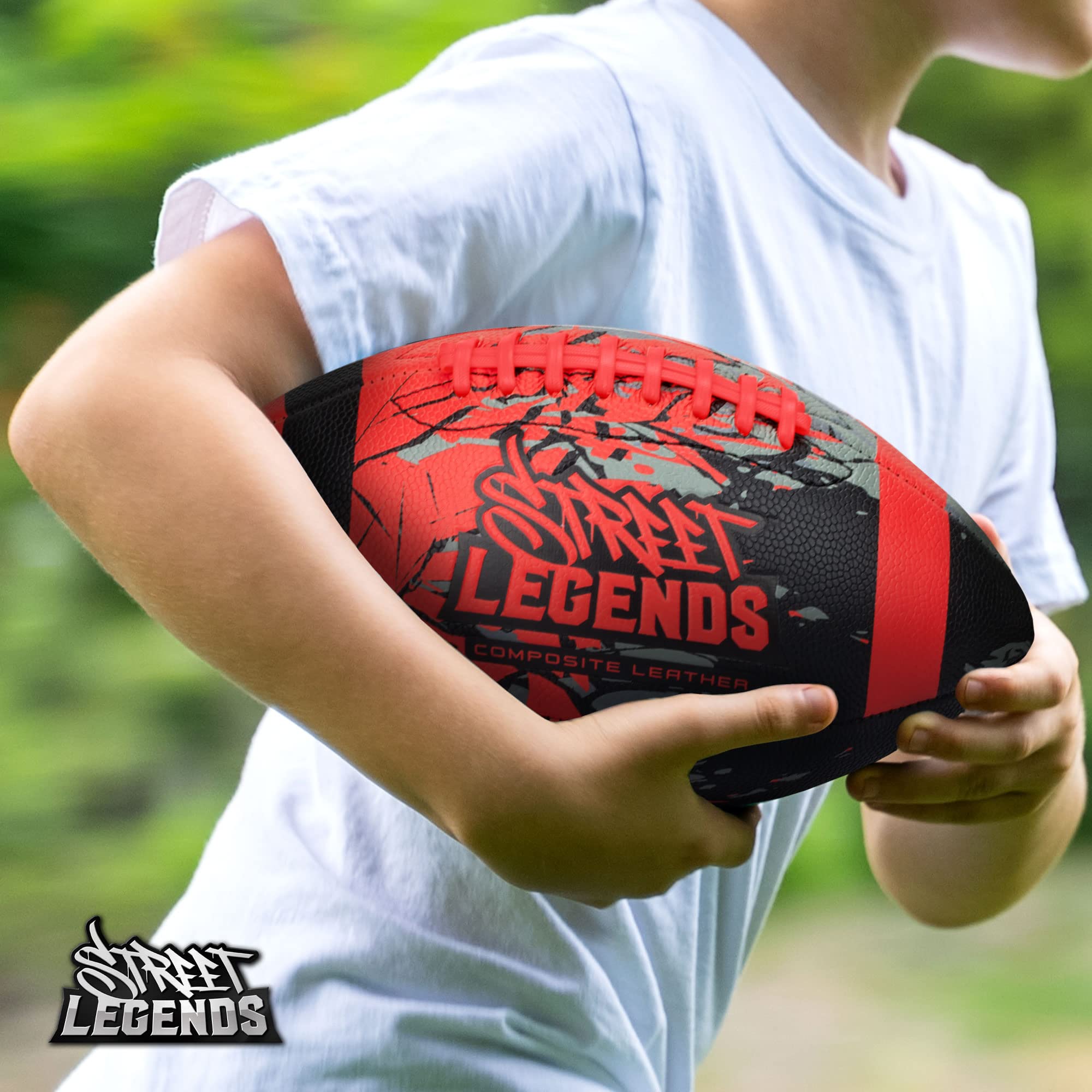 Street Legends Youth Football for Kids, Graffiti Printed Composite Leather Size 8 Football- Includes Pump, Made for Training, Practicing, & Recreational Play (Red)