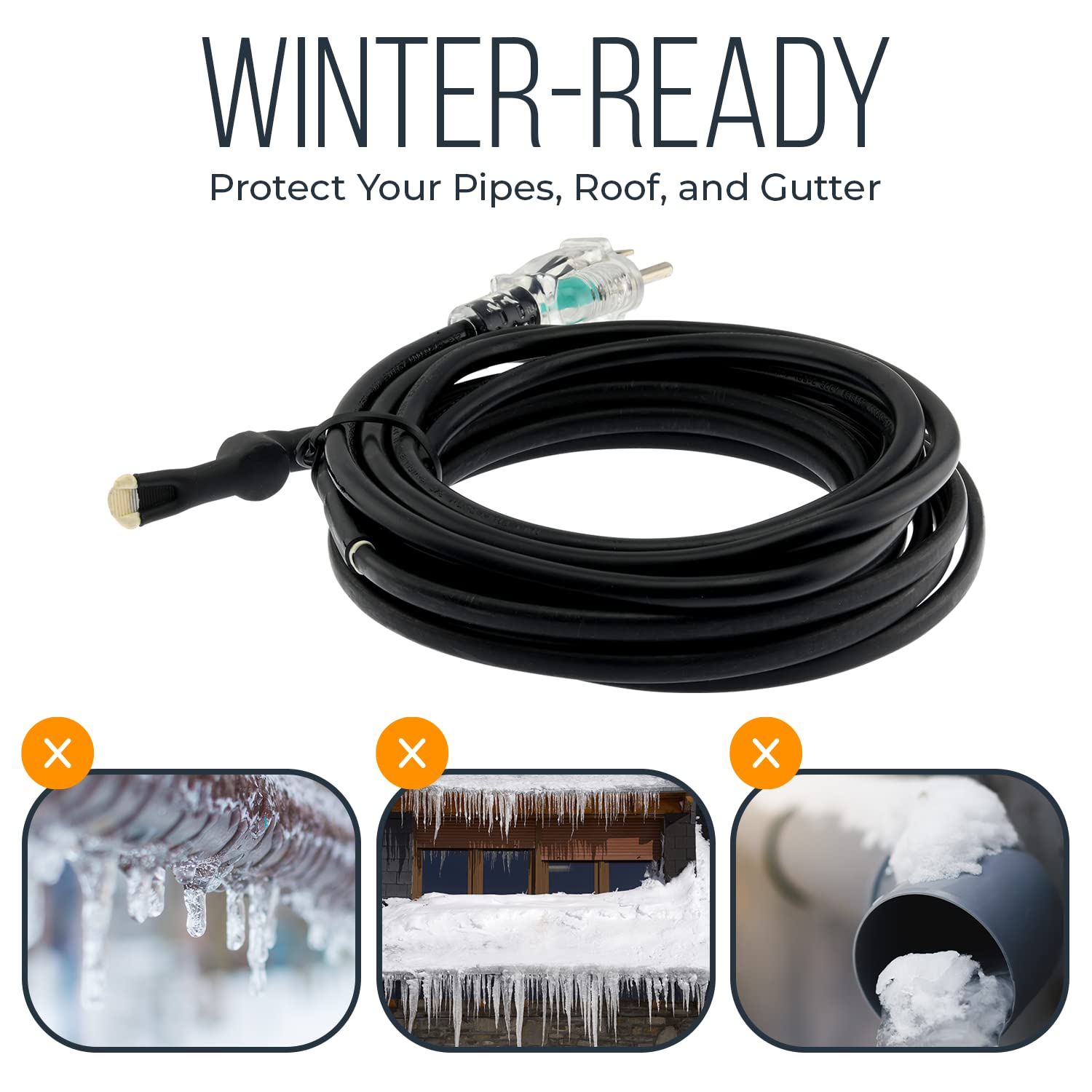 EconoHome Premium Heat Cable for Pipe Freeze Protection - Heating Tape with Built-in Thermostat - Constant Watt Anti-Freeze & UV-Proof Heated Cord - 120 VAC - Copper Nickel Wire Heater