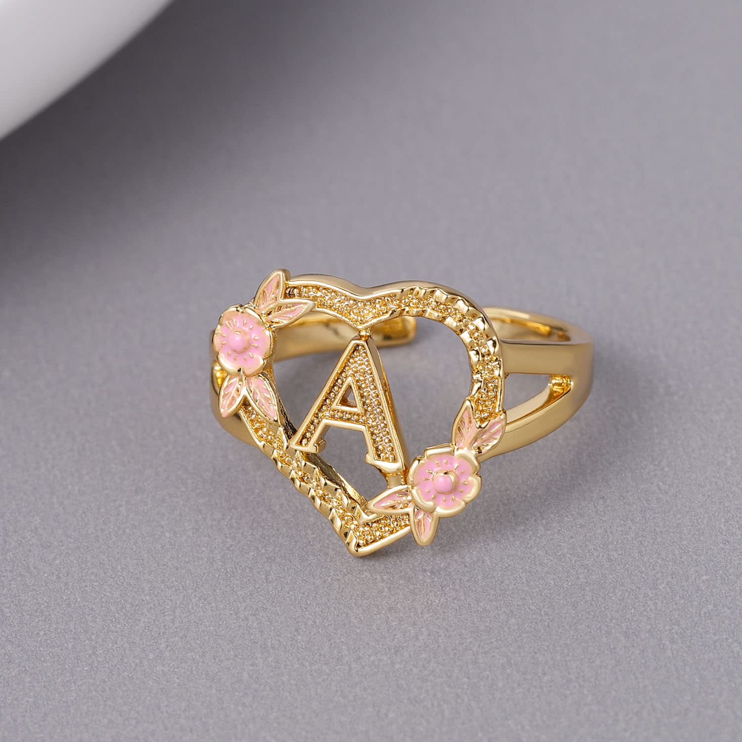 Qitian Gold Initial Ring Heart Adjustable Rings Fashion Hip Hop Jewelry Gold Letter A Name Alphabet Rings for Women Gift