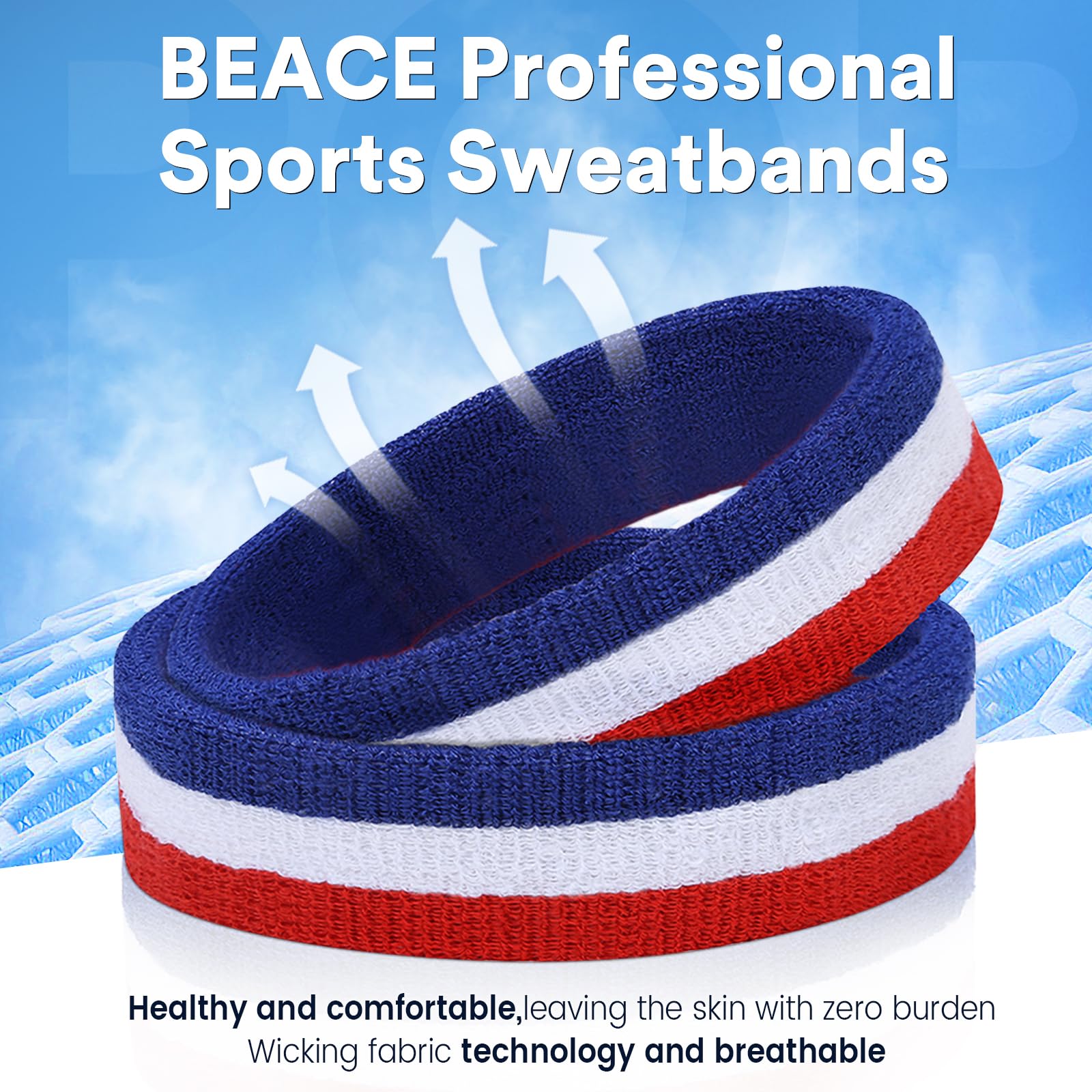 BEACE Sweatbands Sports Headband for Men & Women - Moisture Wicking Athletic Cotton Terry Cloth Sweatband for Tennis, Basketball, Running, Gym, Working Out Red White Blue