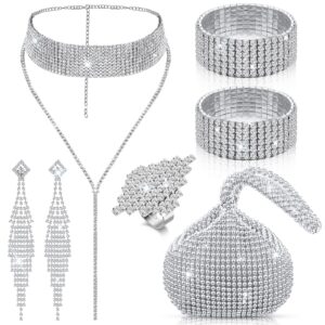 6 pieces women rhinestone jewelry set rhinestone choker stretch bracelets dangle earrings crystal necklace ring rhinestone handbag for wedding party (silver)