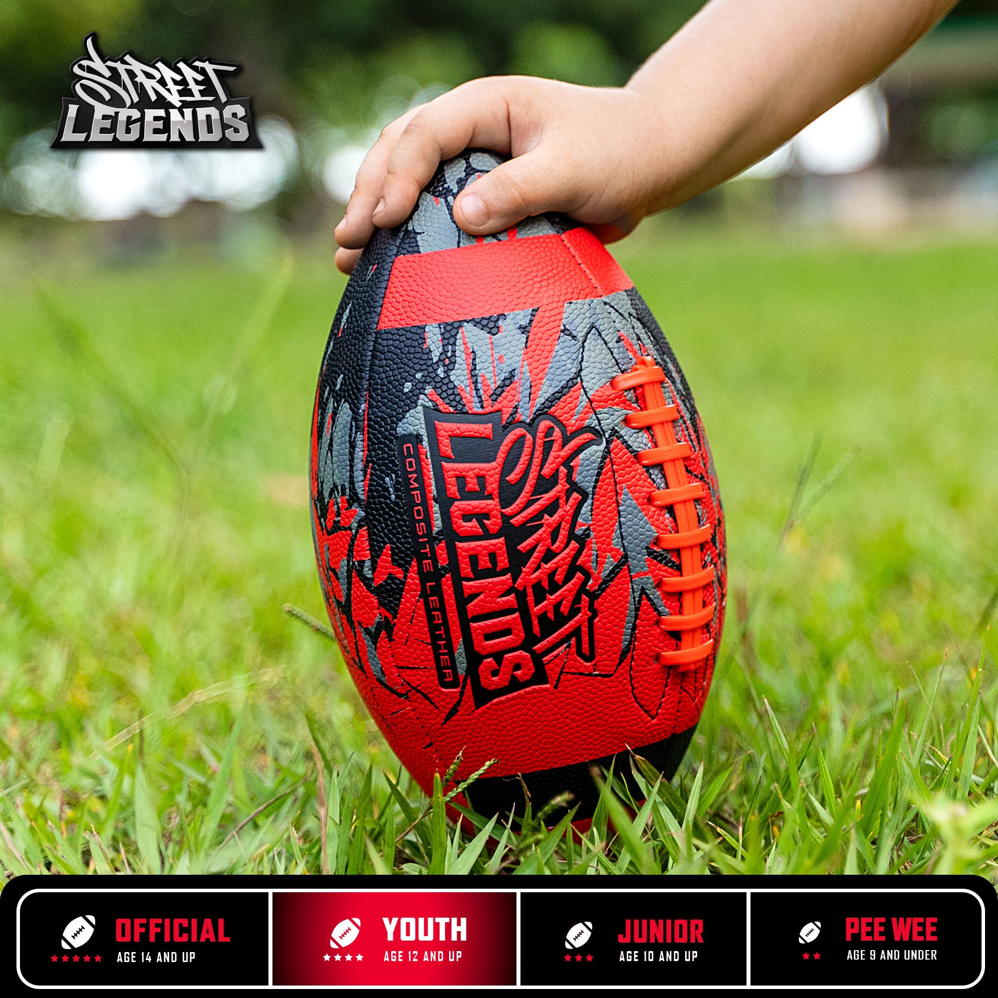 Street Legends Youth Football for Kids, Graffiti Printed Composite Leather Size 8 Football- Includes Pump, Made for Training, Practicing, & Recreational Play (Red)