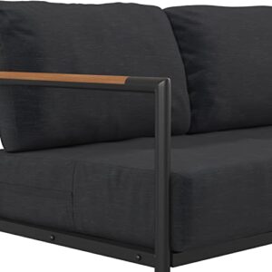 Flash Furniture Lea Indoor/Outdoor Loveseat with Cushions-Modern Aluminum Framed Loveseat with Teak Accent Arms, Black with Charcoal Cushions