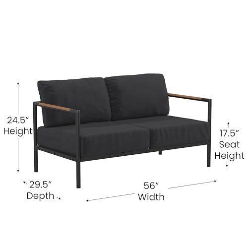 Flash Furniture Lea Indoor/Outdoor Loveseat with Cushions-Modern Aluminum Framed Loveseat with Teak Accent Arms, Black with Charcoal Cushions