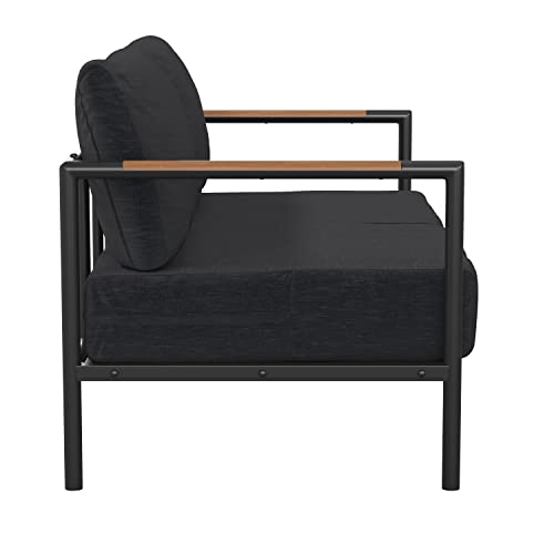 Flash Furniture Lea Indoor/Outdoor Loveseat with Cushions-Modern Aluminum Framed Loveseat with Teak Accent Arms, Black with Charcoal Cushions