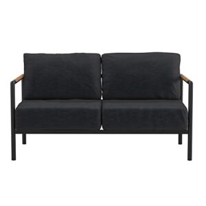 Flash Furniture Lea Indoor/Outdoor Loveseat with Cushions-Modern Aluminum Framed Loveseat with Teak Accent Arms, Black with Charcoal Cushions