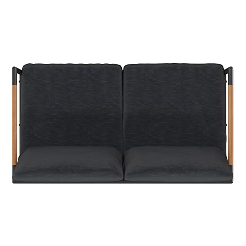 Flash Furniture Lea Indoor/Outdoor Loveseat with Cushions-Modern Aluminum Framed Loveseat with Teak Accent Arms, Black with Charcoal Cushions