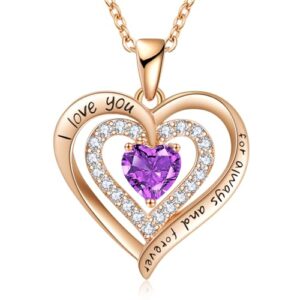 women's jewelry birthstone necklace for wife valentine’s day for girlfriend wife heart pendant with amethyst necklaces for her on birthday mother's day anniversary christmas (rose gold-feb-amethyst)